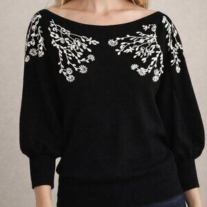 Rain + Rose Knit Black Sweater Embroidered Size Large
